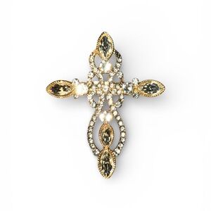 Mint Clear Rhinestone and Gold Tone Cross Brooch